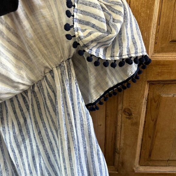 Joy Joy Large White Blue Striped‎ Blouse Off The Shoulder Embrodiered - Picture 7 of 12